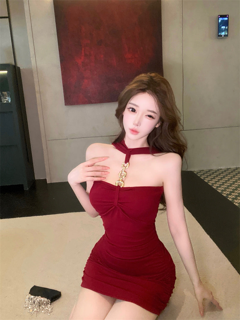 Stylish Red Chain Design Bodycon Mini Skirt Hottie Parties Outside Halter Short Dress AP3781