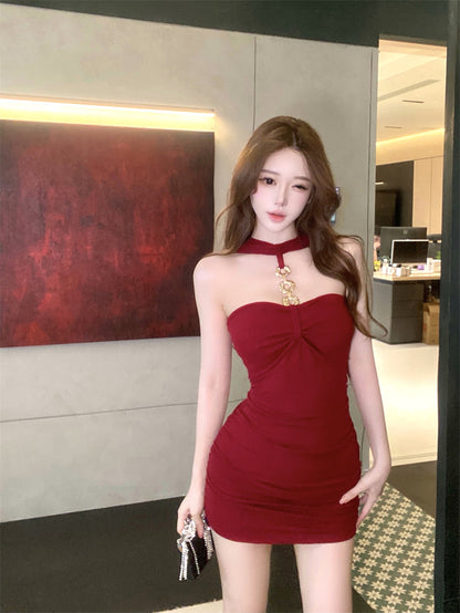 Stylish Red Chain Design Bodycon Mini Skirt Hottie Parties Outside Halter Short Dress AP3781