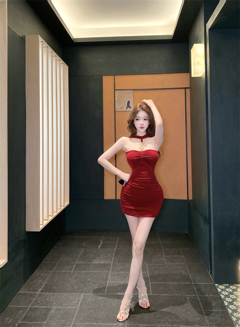 Stylish Red Chain Design Bodycon Mini Skirt Hottie Parties Outside Halter Short Dress AP3781