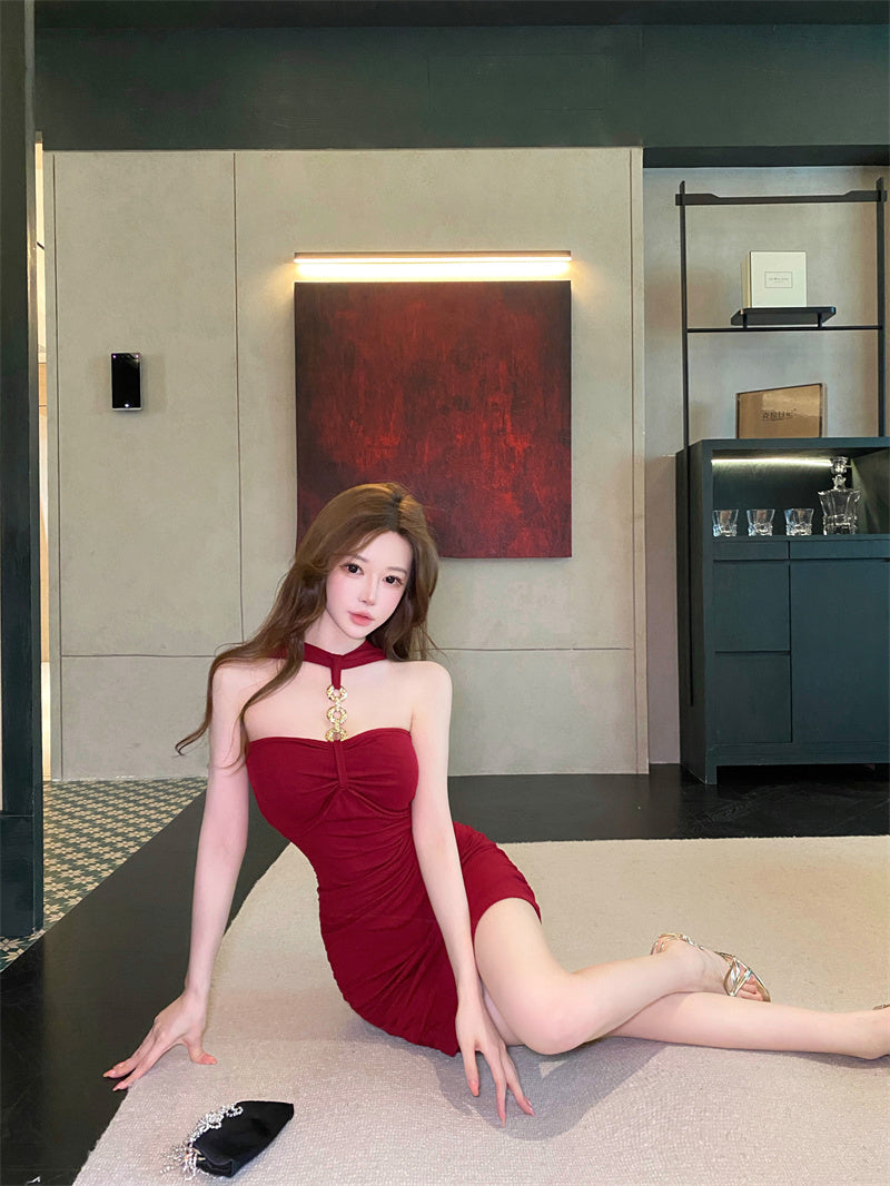 Stylish Red Chain Design Bodycon Mini Skirt Hottie Parties Outside Halter Short Dress AP3781