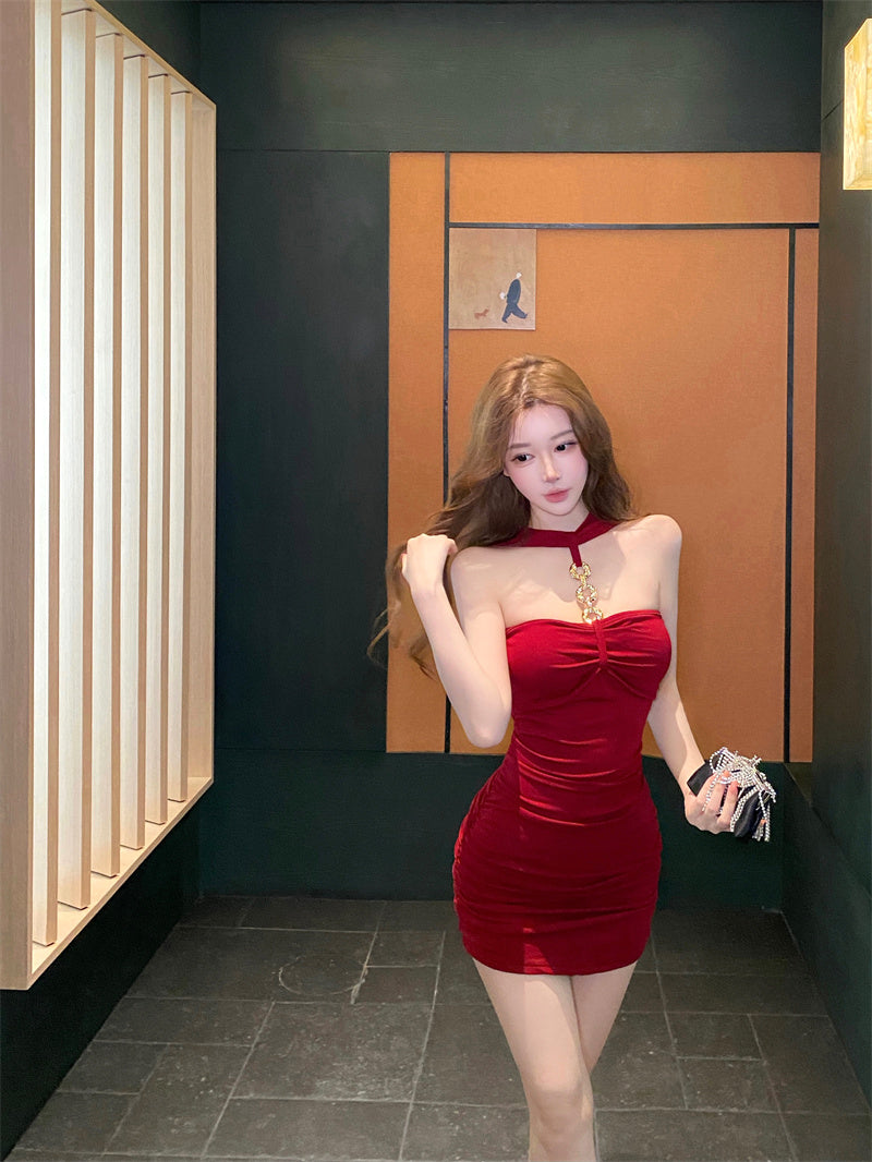 Stylish Red Chain Design Bodycon Mini Skirt Hottie Parties Outside Halter Short Dress AP3781