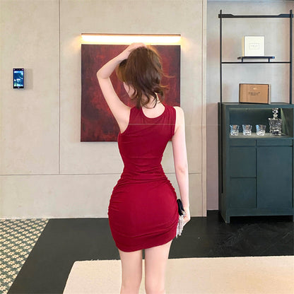 Stylish Red Chain Design Bodycon Mini Skirt Hottie Parties Outside Halter Short Dress AP3781