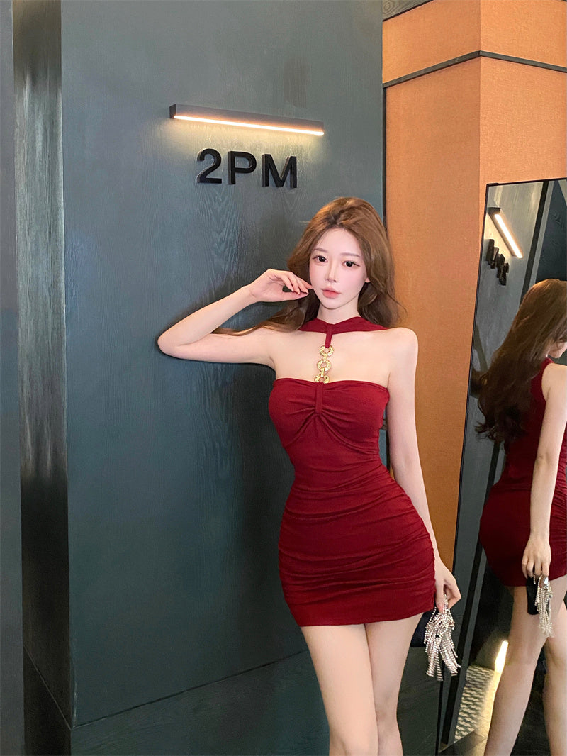 Stylish Red Chain Design Bodycon Mini Skirt Hottie Parties Outside Halter Short Dress AP3781