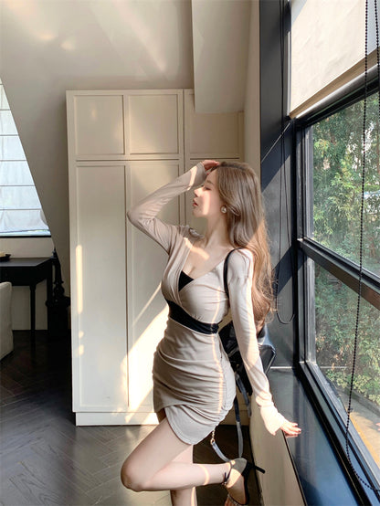 Fitted Color-Block V-Neck Draped Mini Skirt Vogue Long Sleeve Bodycon Asymmetric Hem Short Dress AP3782