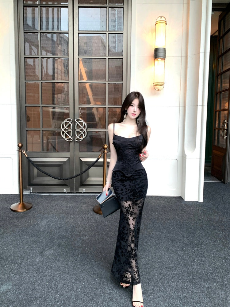 Flattering 2-Piece Set Sheath Black Floral Print Tulle  Maxi Dress French-Inspired Spaghetti Strap Bodice Lace-Up Long Dress AP3783