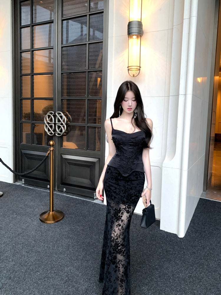 Flattering 2-Piece Set Sheath Black Floral Print Tulle  Maxi Dress French-Inspired Spaghetti Strap Bodice Lace-Up Long Dress AP3783