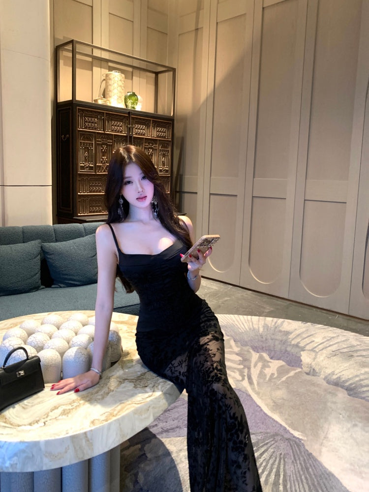 Flattering 2-Piece Set Sheath Black Floral Print Tulle  Maxi Dress French-Inspired Spaghetti Strap Bodice Lace-Up Long Dress AP3783