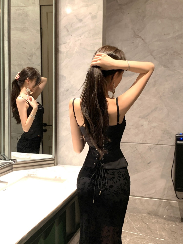 Flattering 2-Piece Set Sheath Black Floral Print Tulle  Maxi Dress French-Inspired Spaghetti Strap Bodice Lace-Up Long Dress AP3783