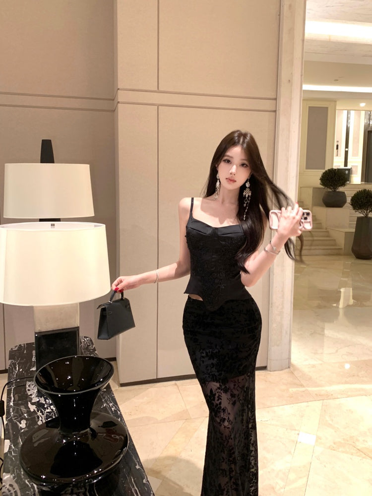 Flattering 2-Piece Set Sheath Black Floral Print Tulle  Maxi Dress French-Inspired Spaghetti Strap Bodice Lace-Up Long Dress AP3783