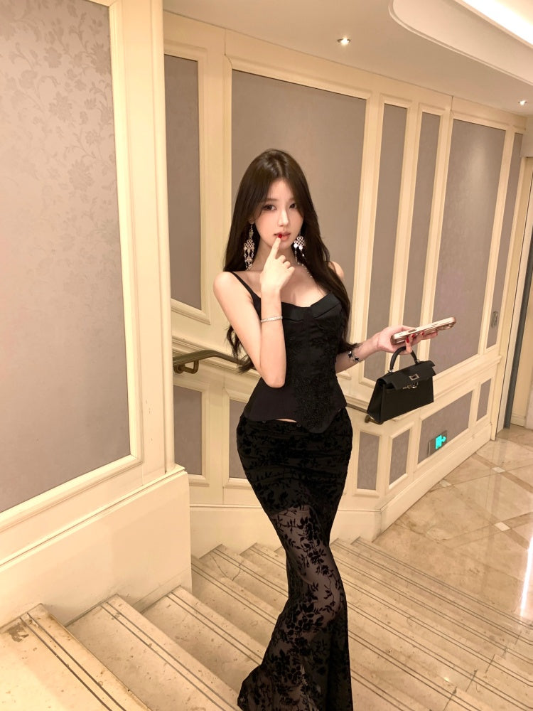 Flattering 2-Piece Set Sheath Black Floral Print Tulle  Maxi Dress French-Inspired Spaghetti Strap Bodice Lace-Up Long Dress AP3783