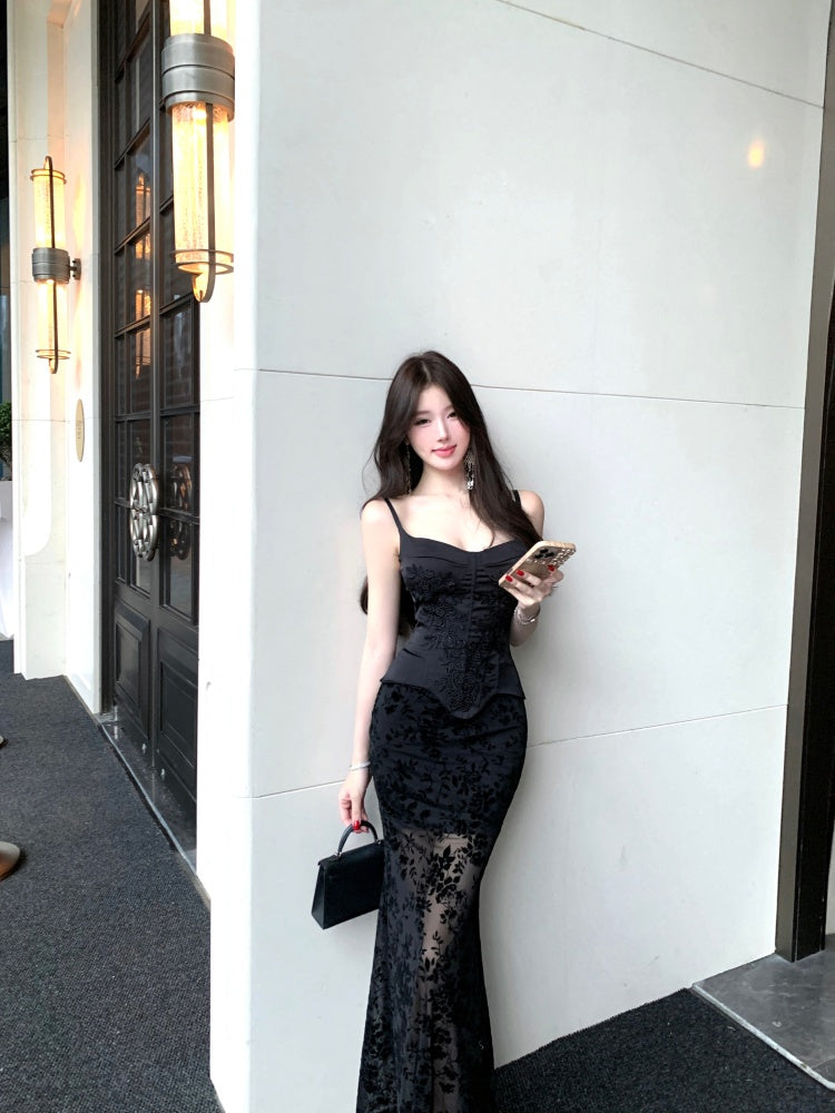 Flattering 2-Piece Set Sheath Black Floral Print Tulle  Maxi Dress French-Inspired Spaghetti Strap Bodice Lace-Up Long Dress AP3783