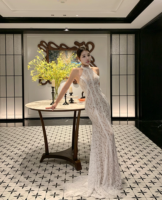 Trendy Mermaid White Lace Splicing Maxi Dress Romantic Backless Lace-Up Long Train Halter Long Dress AP3784