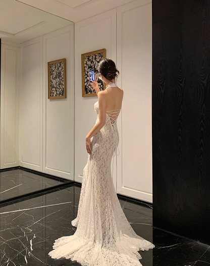 Trendy Mermaid White Lace Splicing Maxi Dress Romantic Backless Lace-Up Long Train Halter Long Dress AP3784