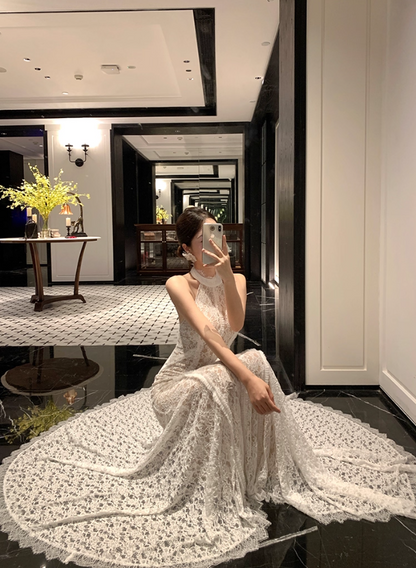 Trendy Mermaid White Lace Splicing Maxi Dress Romantic Backless Lace-Up Long Train Halter Long Dress AP3784