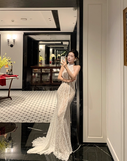 Trendy Mermaid White Lace Splicing Maxi Dress Romantic Backless Lace-Up Long Train Halter Long Dress AP3784