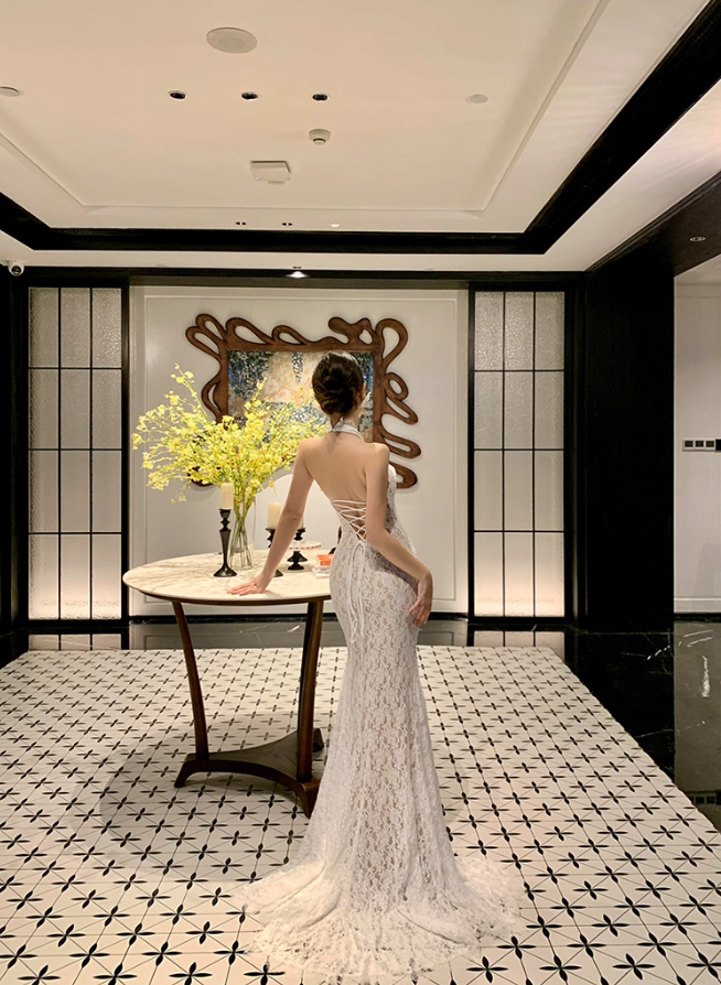 Trendy Mermaid White Lace Splicing Maxi Dress Romantic Backless Lace-Up Long Train Halter Long Dress AP3784