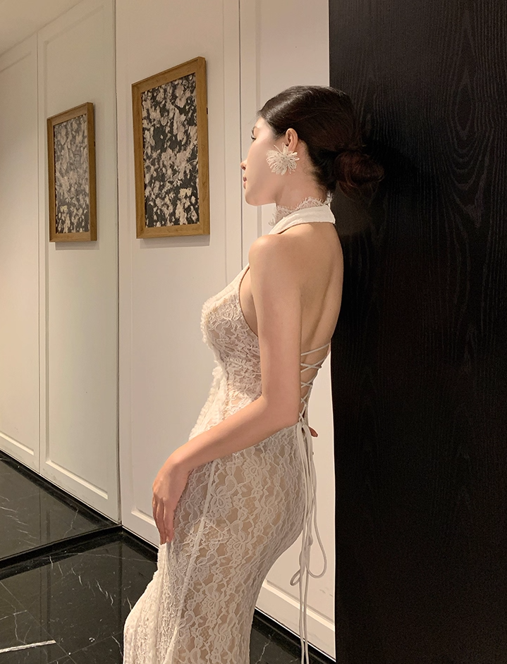 Trendy Mermaid White Lace Splicing Maxi Dress Romantic Backless Lace-Up Long Train Halter Long Dress AP3784