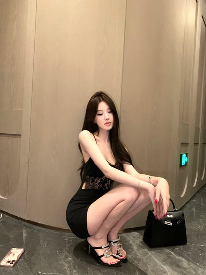 Attractive Spaghetti Strap Lace Splicing Black Mini Skirt Sexy Parties Outfit Sheath Cutout Short Dress AP3785