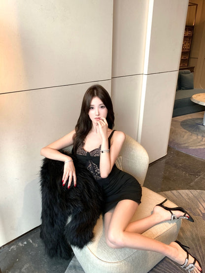 Attractive Spaghetti Strap Lace Splicing Black Mini Skirt Sexy Parties Outfit Sheath Cutout Short Dress AP3785