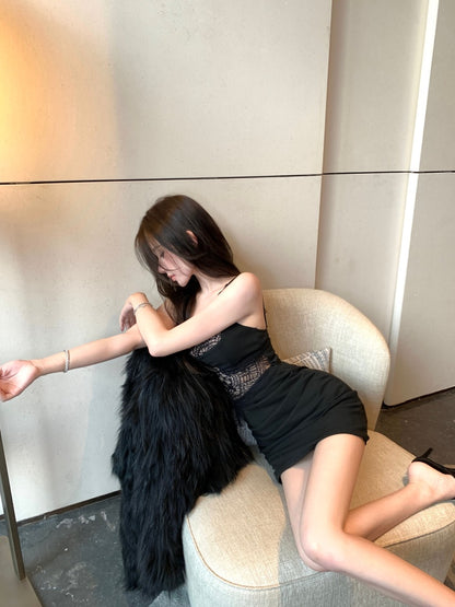 Attractive Spaghetti Strap Lace Splicing Black Mini Skirt Sexy Parties Outfit Sheath Cutout Short Dress AP3785