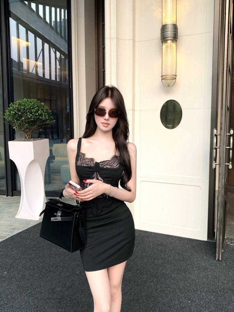 Attractive Spaghetti Strap Lace Splicing Black Mini Skirt Sexy Parties Outfit Sheath Cutout Short Dress AP3785
