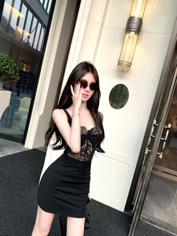 Attractive Spaghetti Strap Lace Splicing Black Mini Skirt Sexy Parties Outfit Sheath Cutout Short Dress AP3785
