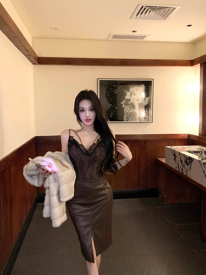 Sexy 2-Piece Set Lace Splicing Spaghetti Straps Bodice Evening Midi Dress French Style Sheath Slit Leather Long Dress AP3786