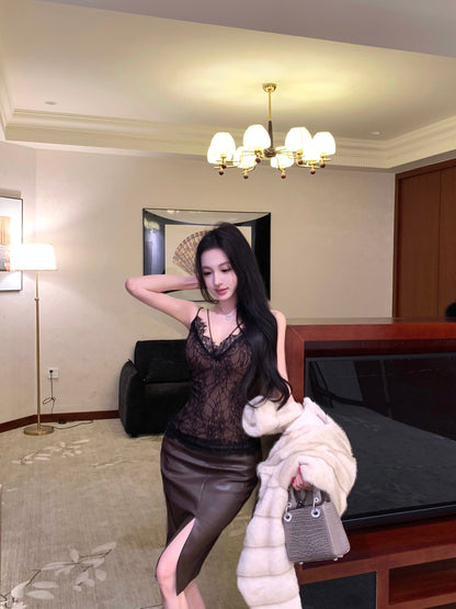 Sexy 2-Piece Set Lace Splicing Spaghetti Straps Bodice Evening Midi Dress French Style Sheath Slit Leather Long Dress AP3786