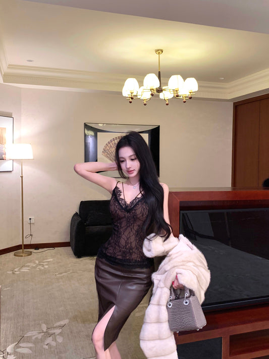 Sexy 2-Piece Set Lace Splicing Spaghetti Straps Bodice Evening Midi Dress French Style Sheath Slit Leather Long Dress AP3786