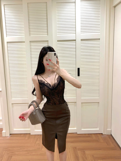 Sexy 2-Piece Set Lace Splicing Spaghetti Straps Bodice Evening Midi Dress French Style Sheath Slit Leather Long Dress AP3786