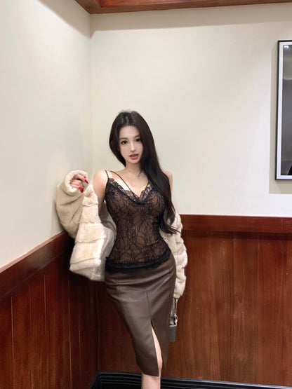 Sexy 2-Piece Set Lace Splicing Spaghetti Straps Bodice Evening Midi Dress French Style Sheath Slit Leather Long Dress AP3786