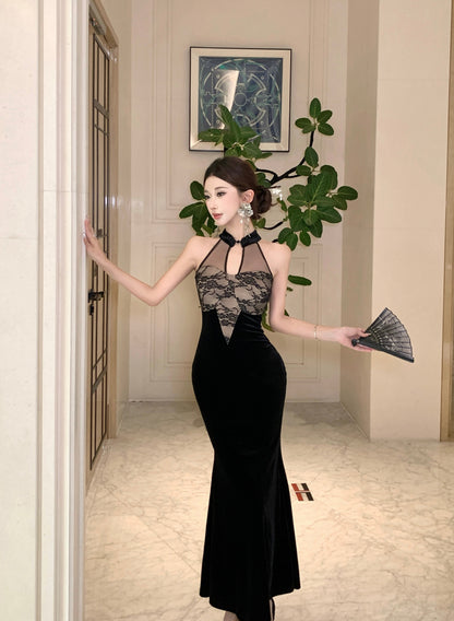 Vogue Sheath Cutout Black Lace Maxi Dress Vintage Tulle Splicing Evening Halter Long Dress AP3787