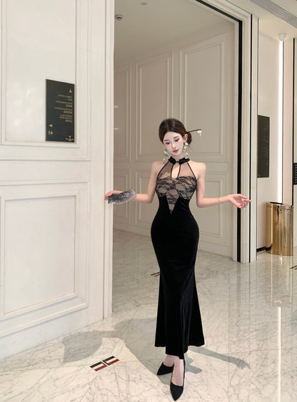 Vogue Sheath Cutout Black Lace Maxi Dress Vintage Tulle Splicing Evening Halter Long Dress AP3787