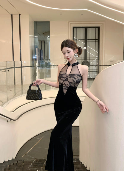 Vogue Sheath Cutout Black Lace Maxi Dress Vintage Tulle Splicing Evening Halter Long Dress AP3787