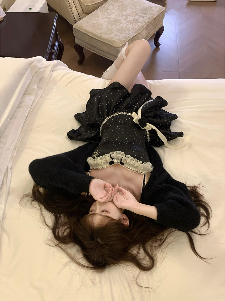 Modern Polka Dots A-Line Party Outfit Tiered Mini Skirt Playful Lace Bows Spaghetti Strap Short Dress AP3788