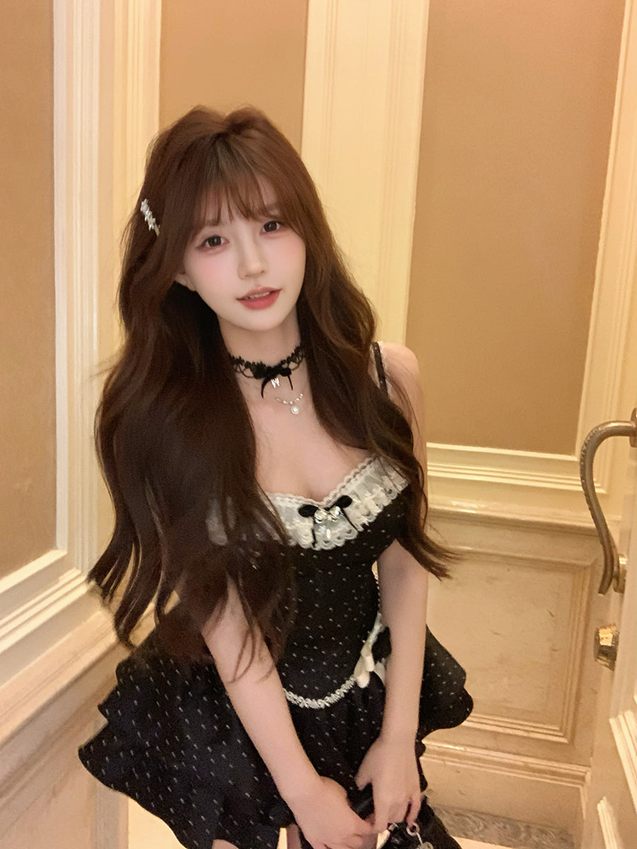 Modern Polka Dots A-Line Party Outfit Tiered Mini Skirt Playful Lace Bows Spaghetti Strap Short Dress AP3788