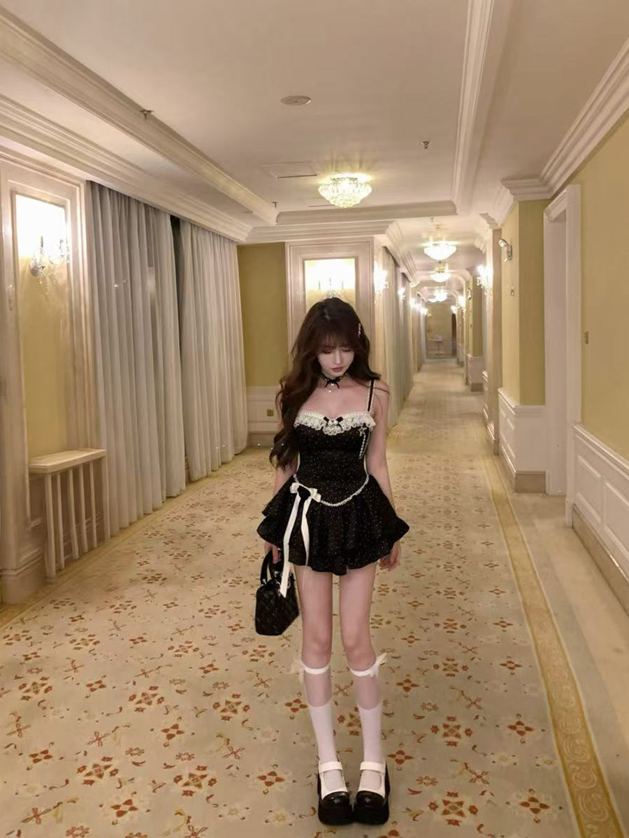 Modern Polka Dots A-Line Party Outfit Tiered Mini Skirt Playful Lace Bows Spaghetti Strap Short Dress AP3788