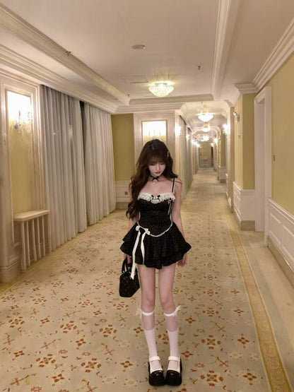 Modern Polka Dots A-Line Party Outfit Tiered Mini Skirt Playful Lace Bows Spaghetti Strap Short Dress AP3788