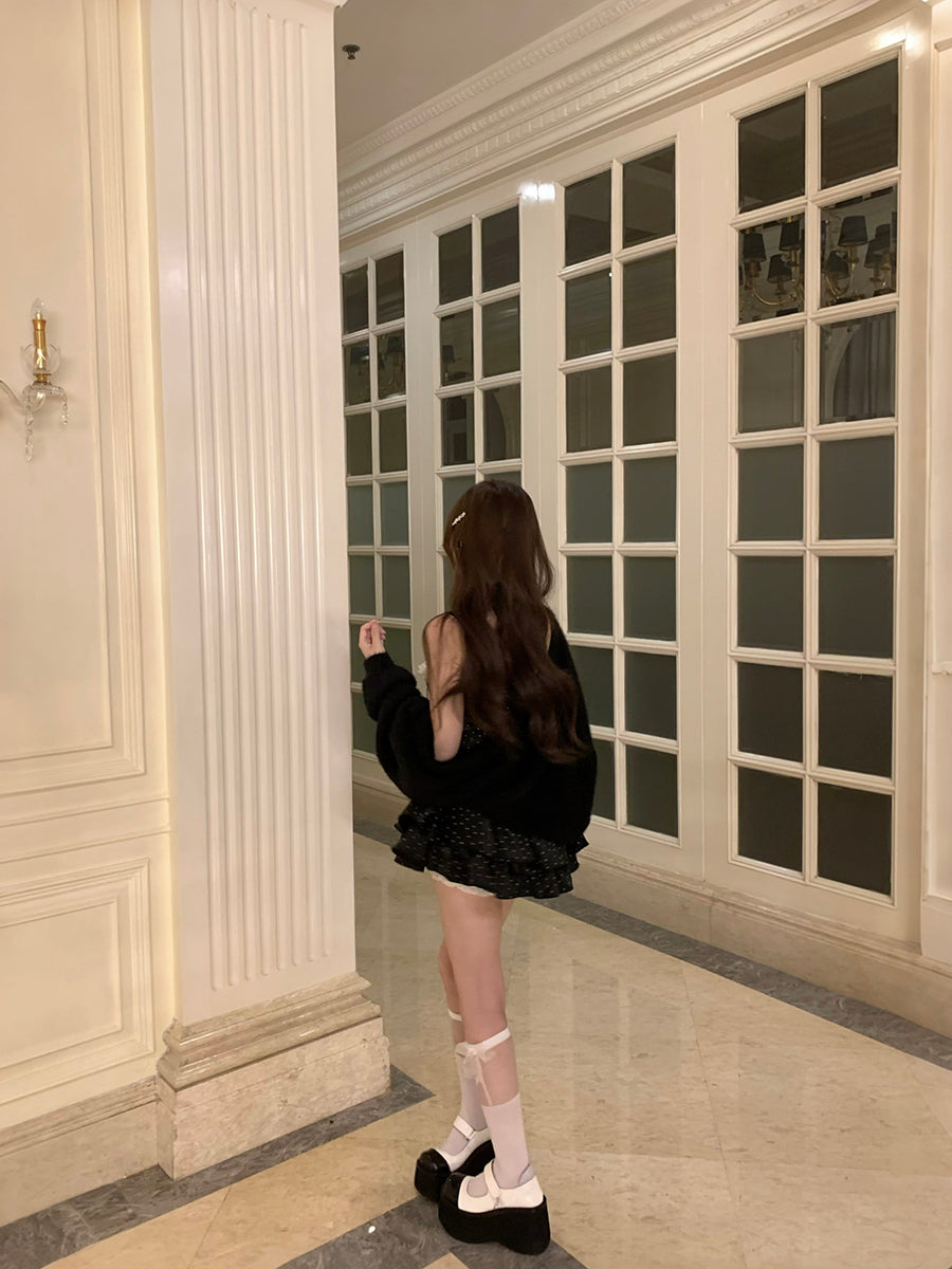 Modern Polka Dots A-Line Party Outfit Tiered Mini Skirt Playful Lace Bows Spaghetti Strap Short Dress AP3788