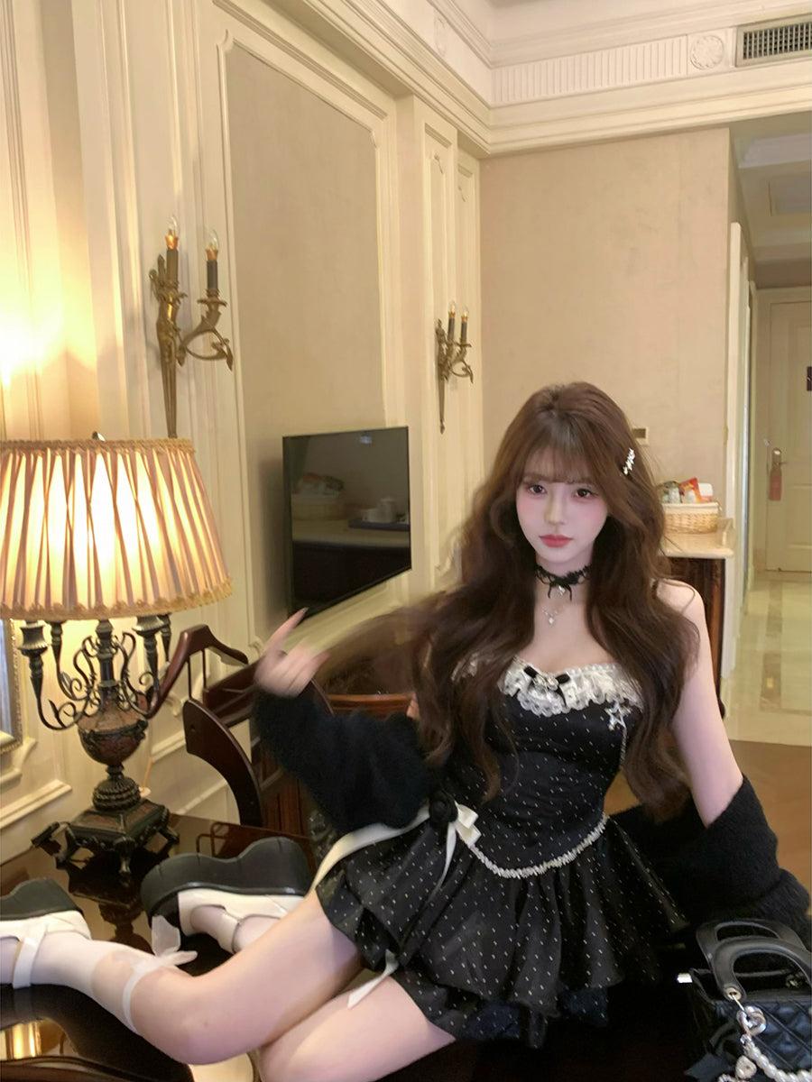 Modern Polka Dots A-Line Party Outfit Tiered Mini Skirt Playful Lace Bows Spaghetti Strap Short Dress AP3788