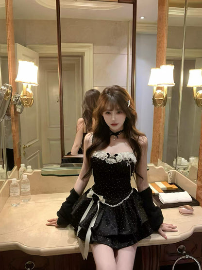 Modern Polka Dots A-Line Party Outfit Tiered Mini Skirt Playful Lace Bows Spaghetti Strap Short Dress AP3788