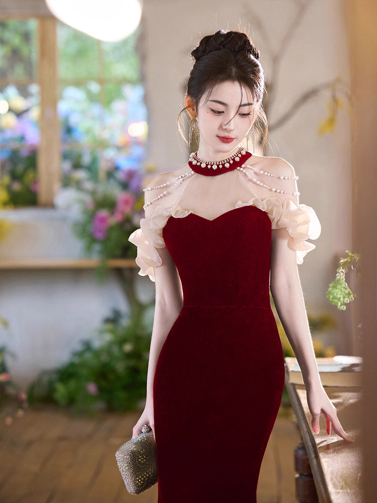 Glittering Red Velvet Mermaid Maxi Dress Elegant Sheer Tulle Splicing Beading Halter Long Dress AP3789