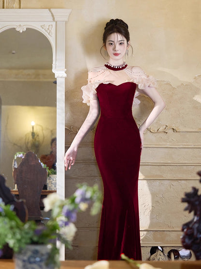 Glittering Red Velvet Mermaid Maxi Dress Elegant Sheer Tulle Splicing Beading Halter Long Dress AP3789