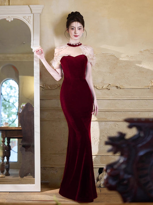 Glittering Red Velvet Mermaid Maxi Dress Elegant Sheer Tulle Splicing Beading Halter Long Dress AP3789