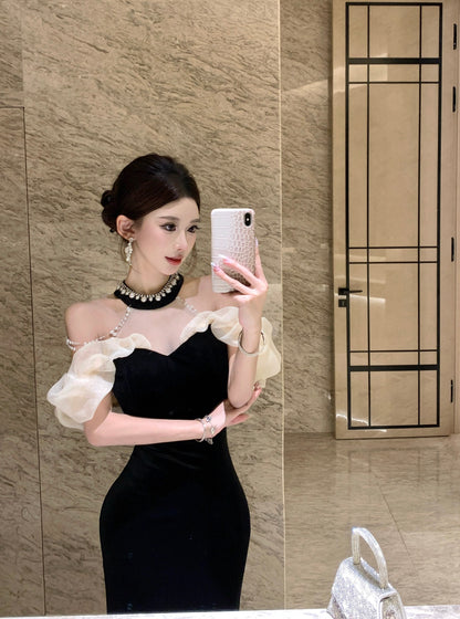 Princess Sheer Tulle Splicing Mermaid Evening Maxi Dress Glittering Beading  Black Velvet Halter Long Dress AP3790