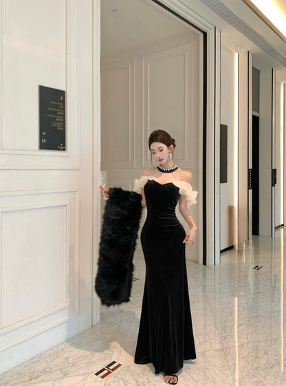 Princess Sheer Tulle Splicing Mermaid Evening Maxi Dress Glittering Beading  Black Velvet Halter Long Dress AP3790