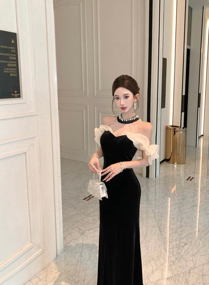 Princess Sheer Tulle Splicing Mermaid Evening Maxi Dress Glittering Beading  Black Velvet Halter Long Dress AP3790