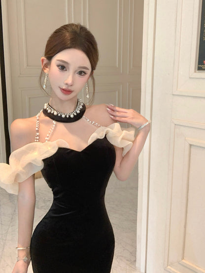 Princess Sheer Tulle Splicing Mermaid Evening Maxi Dress Glittering Beading  Black Velvet Halter Long Dress AP3790