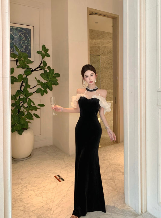 Princess Sheer Tulle Splicing Mermaid Evening Maxi Dress Glittering Beading  Black Velvet Halter Long Dress AP3790