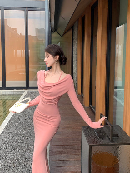 Pretty Draped Off Shoulder Long Sleeve Maxi Dress Pink Mermaid Evening Long Dress AP3791